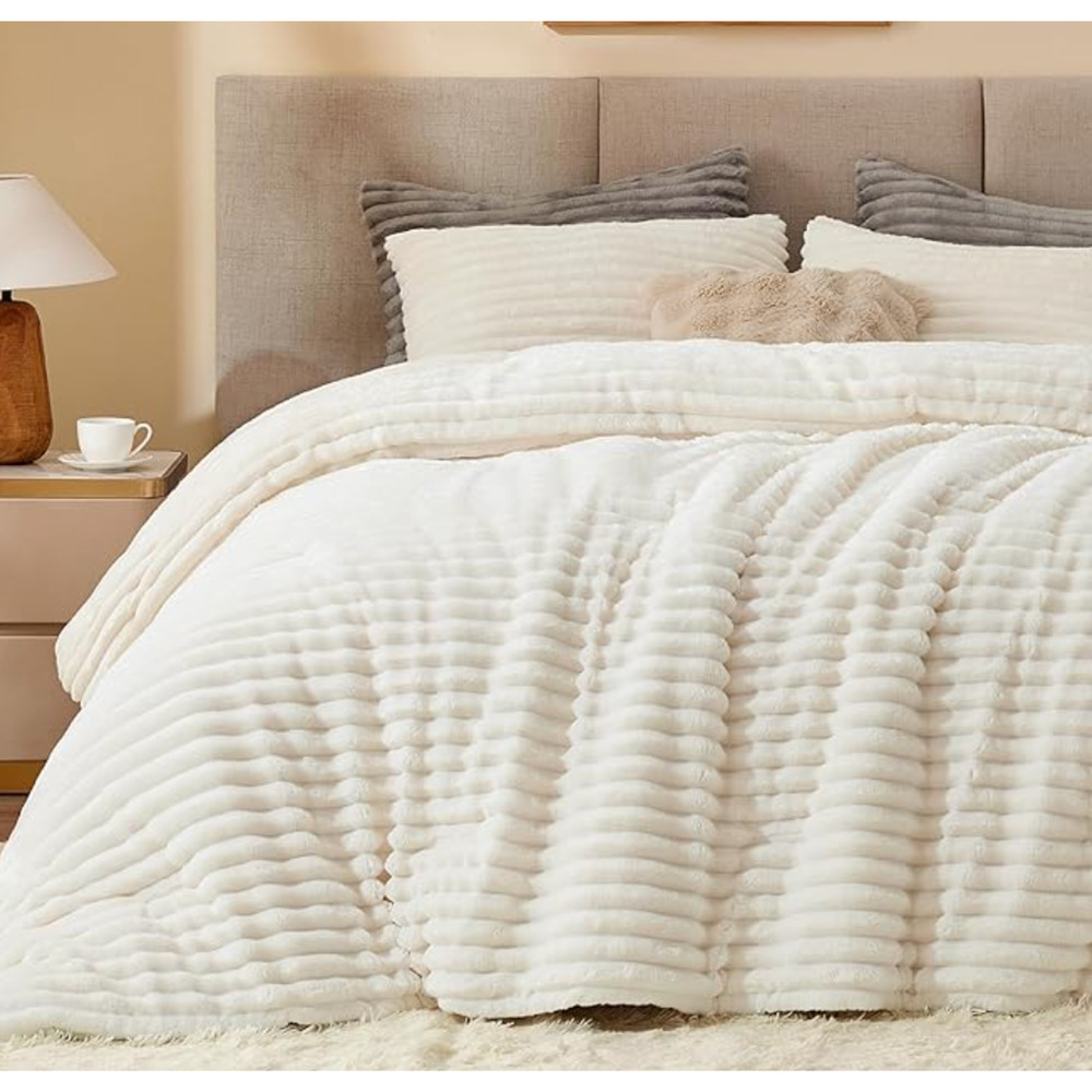 Queen Faux Fur Comforter Set 3 Piece Soft Plush Bedding